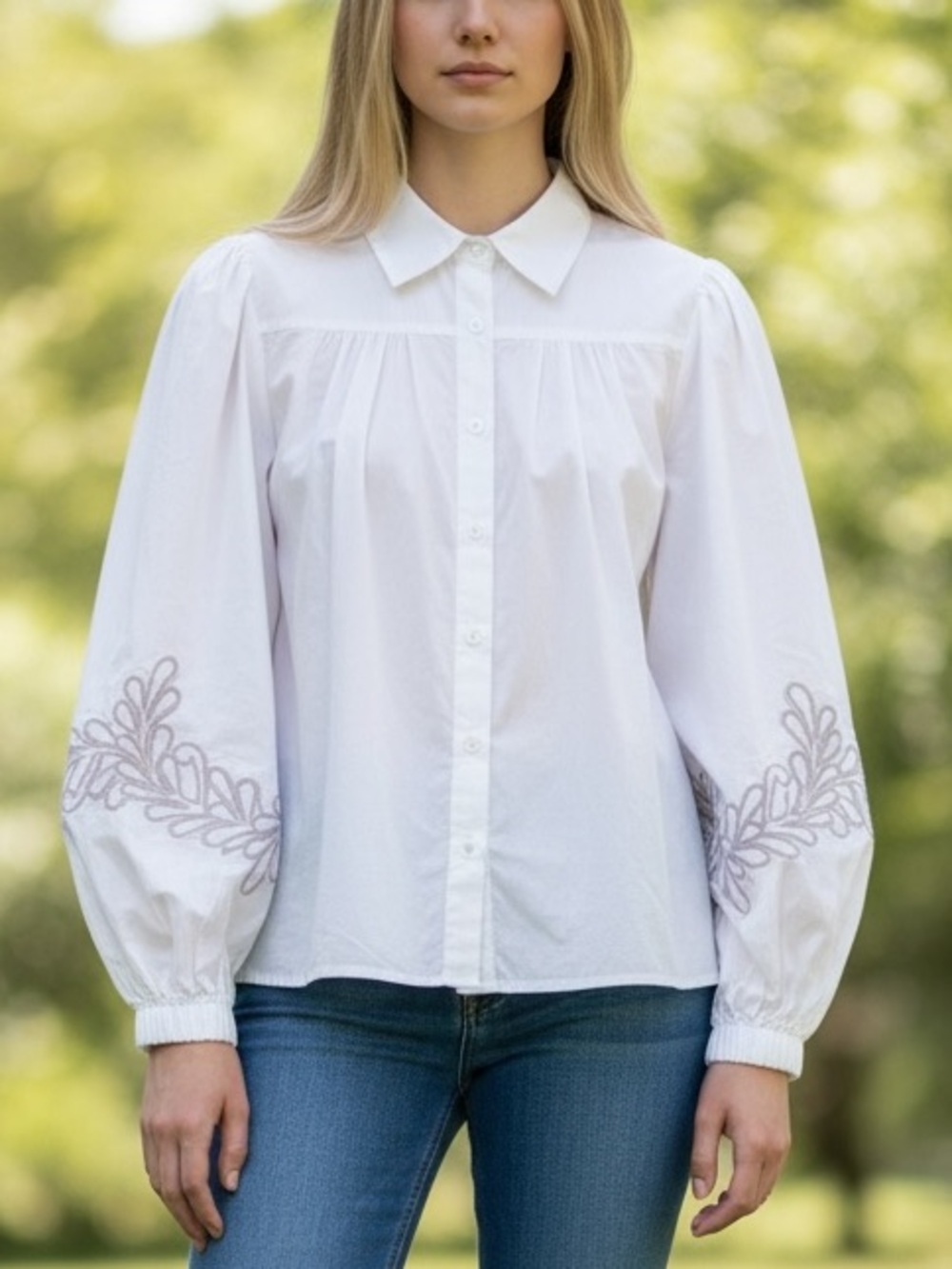 BEULAH AJE  WHITE APPLIQUÉ LONG SLEEVE UNIQUE BUTTON DOWN COTTON TOP L